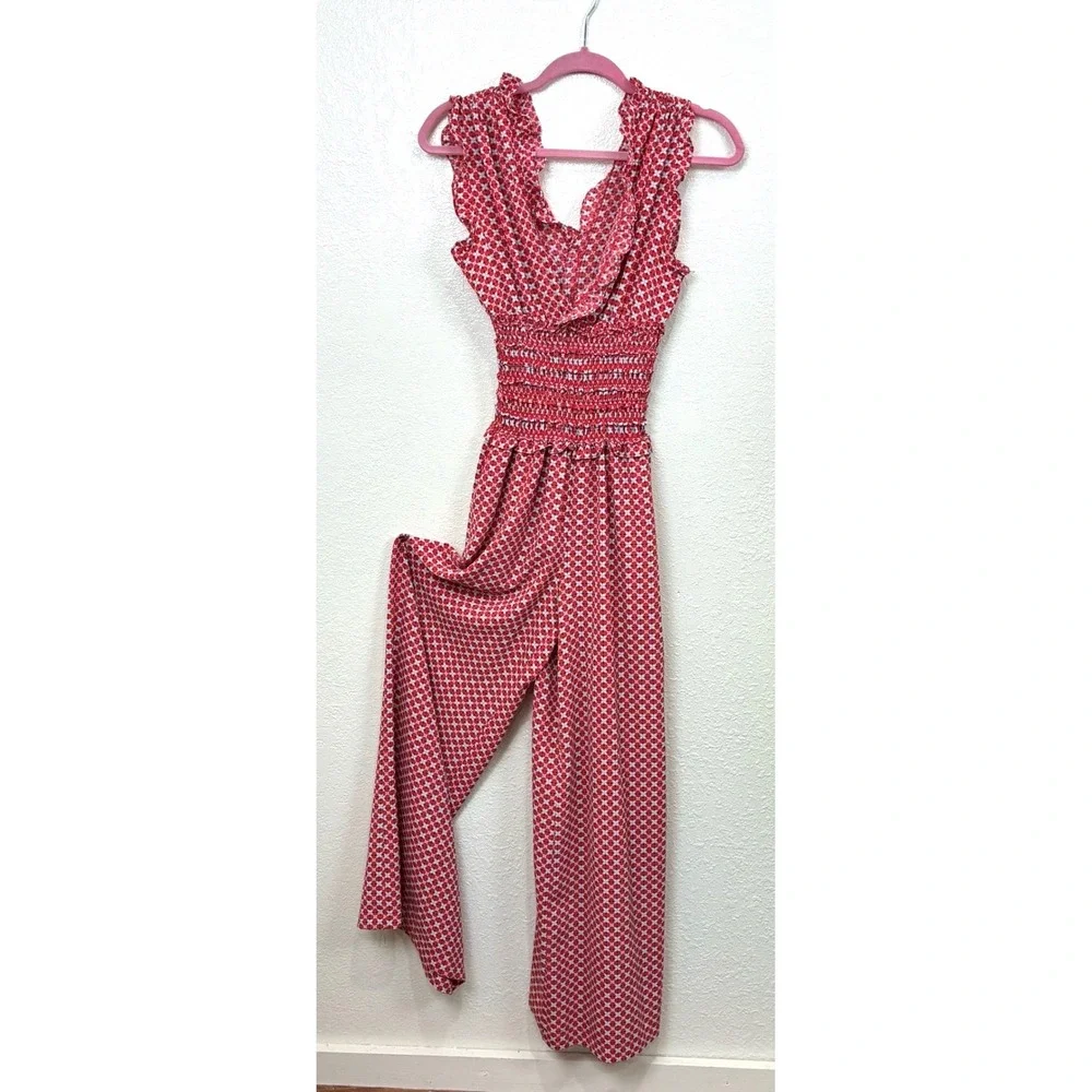 Max Studio Red Geometric Print Smocked Waist Ruffle‎ Jumpsuit 8901C46 Small Boho